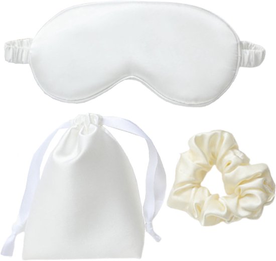 Masque de sommeil pochette et chouchou assortis 3-en-1 - Wit - masque pour les yeux - femme - soie - Masques de Masques de sommeil - sommeil - cadeau pour elle