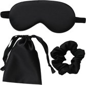 Malinsi - Slaapmasker 3-in-1 bijpassend zakje en scrunchie - Zwart - oogmasker - vrouwen - zijde - Slaapmaskers - slaap - cadeau voor haar