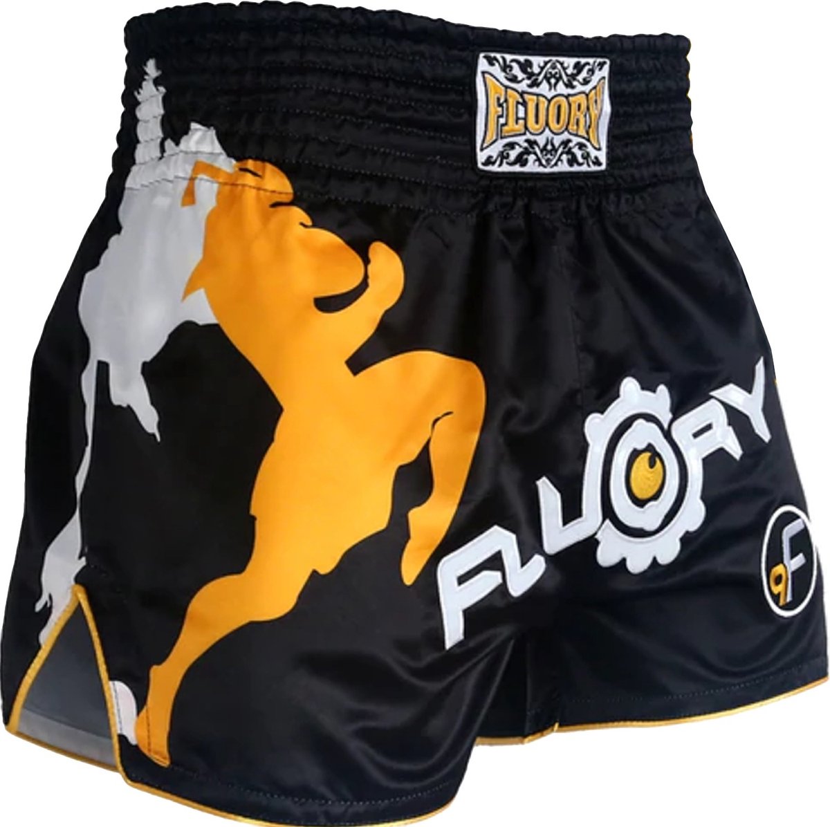 Fluory Muay Thai Short Kickboks Broek Zwart Geel maat XL