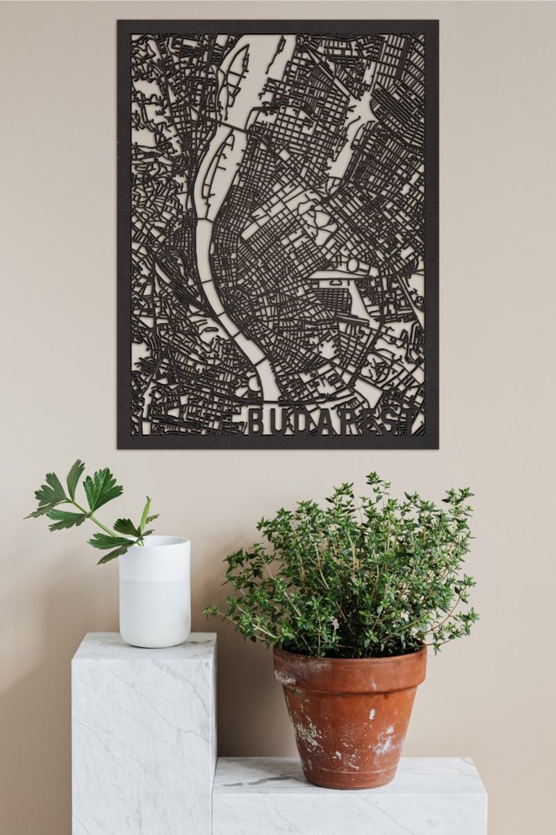 Houten Stadskaart Budapest Zwart Mdf 100x75cm Wanddecoratie Voor Aan De Muur City Shapes