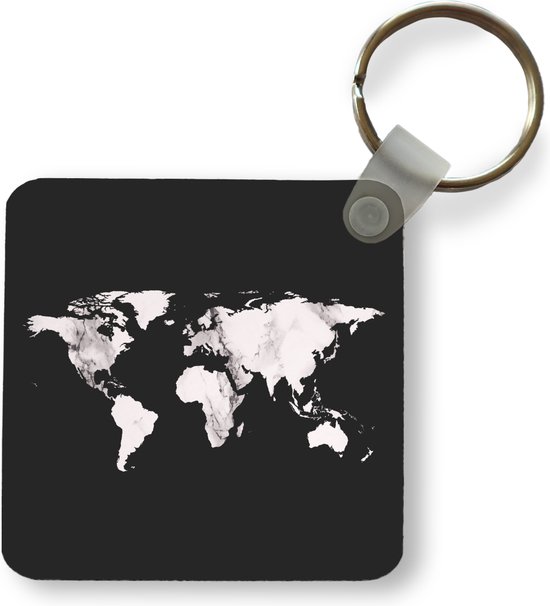 Sleutelhanger - Uitdeelcadeautjes - Wereldkaart - Zwart Wit - Marmer - Plastic