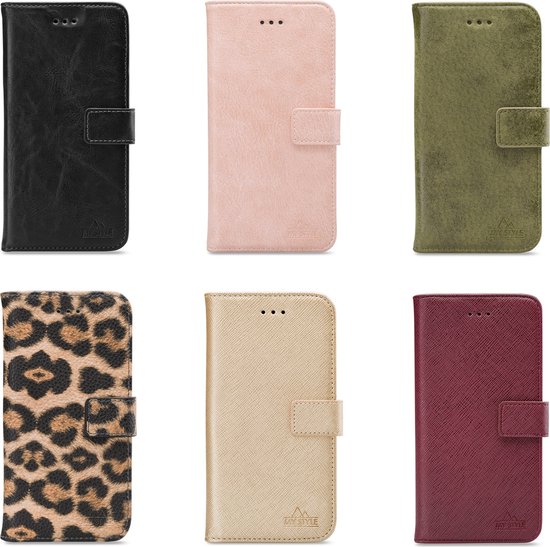 Six étuis de téléphone de différentes couleurs et motifs : noir, rose, vert, imprimé léopard, doré et bordeaux.