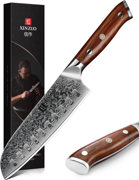 Foto: Damascus santokumes 67 lagen xinzuo b13r yu luxe professioneel vlijmscherp damascus staal 7 inch lemmet 30 cm keukenmes met rozenhouten handvat