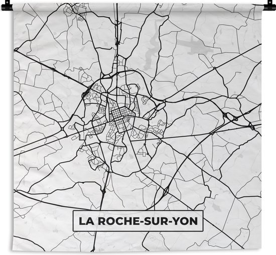 Wandkleed - Wanddoek - Plattegrond - Kaart - Frankrijk - La Roche-sur-Yon - Stadskaart - Zwart wit - 60x60 cm - Wandtapijt