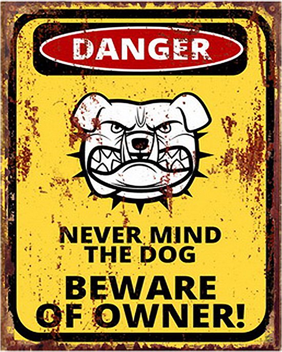 Clayre & Eef Tekstbord 20x25 cm Geel Ijzer Hond Warning Wandbord