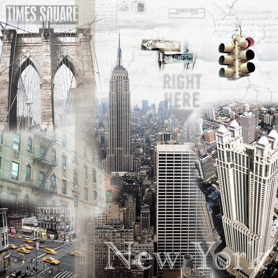 Poster / Papier - Stad /  New-York - Collage in beige / wit / zwart / creme - 120 x 120 cm