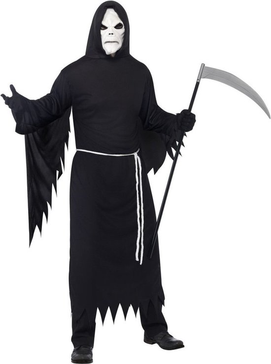 Volwassene Magere Hein kostuum met lange zwarte puntige mouwen en puntige zoom, wit koord in de taille en wit masker.
