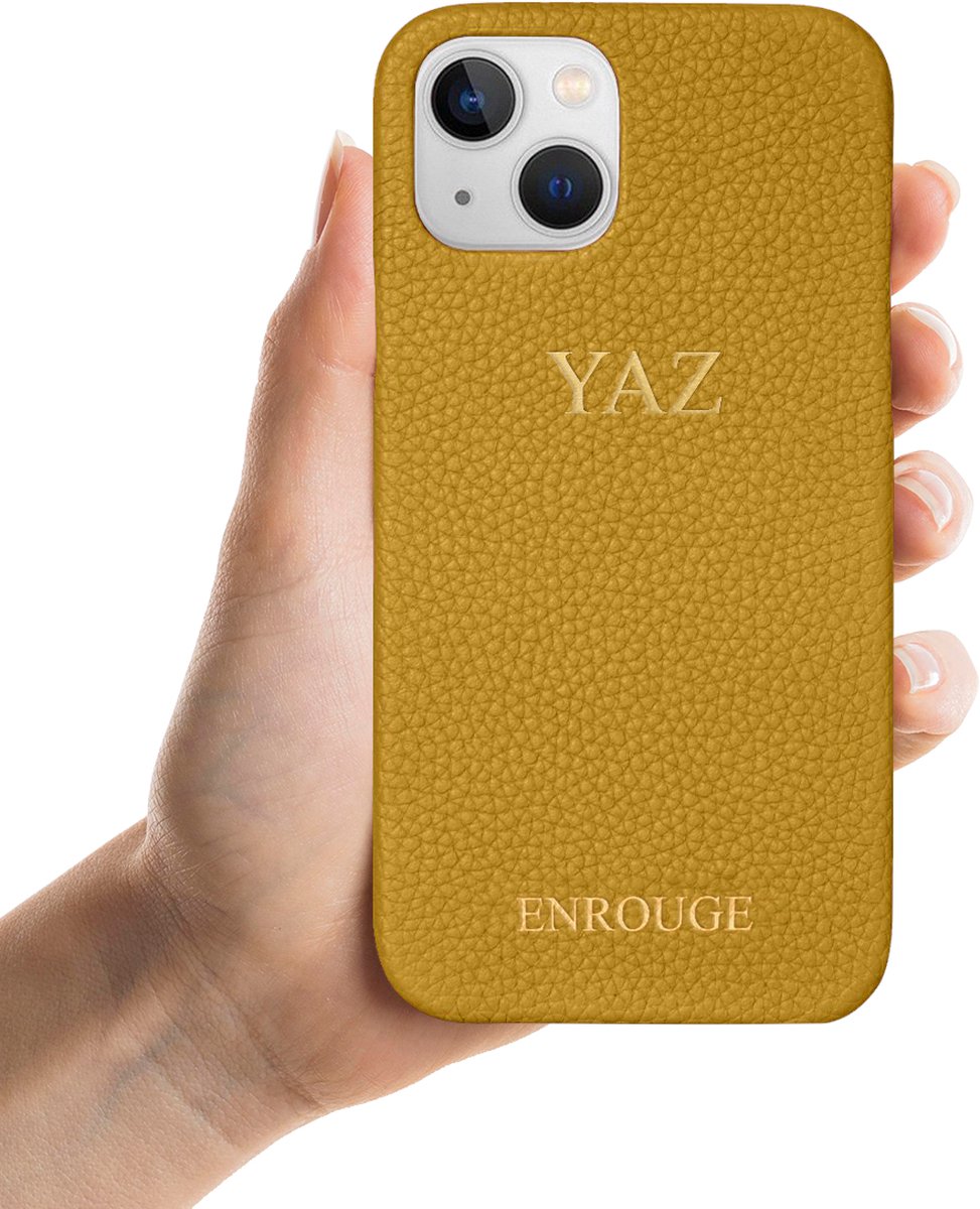 ENROUGE Iphone 13 Case SUNSHINE YELLOW | Luxe Hoesje van Echt Leer | Gepersonaliseerd met Naam of Initialen | 100% Leder | Cadeautip Inclusief Geschenkverpakking