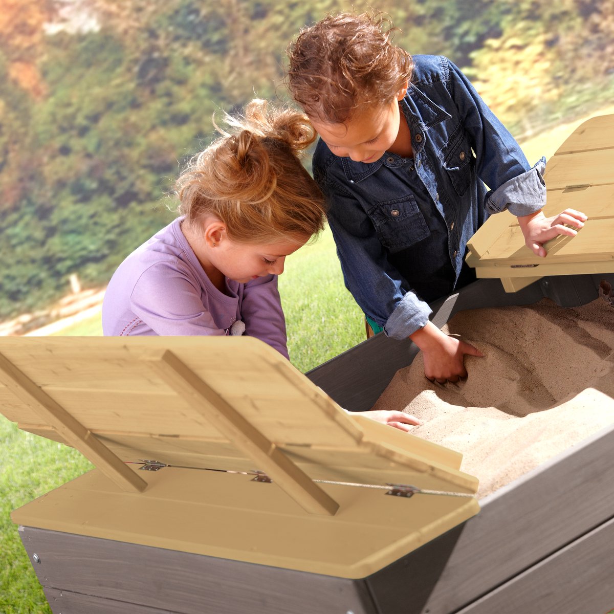 AXI Ella Houten Zandbak in Grijs/Bruin - Limited - Met Zitbankjes en Deksel - FSC hout - 100x95x20cm - Zandbak voor kinderen — afbeelding 5
