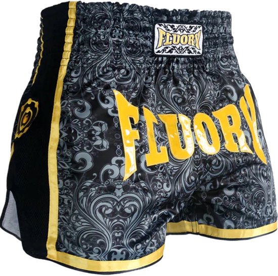 Fluory Muay Thai Short Kickboks Broek Zwart Geel MTSF29 maat XXL