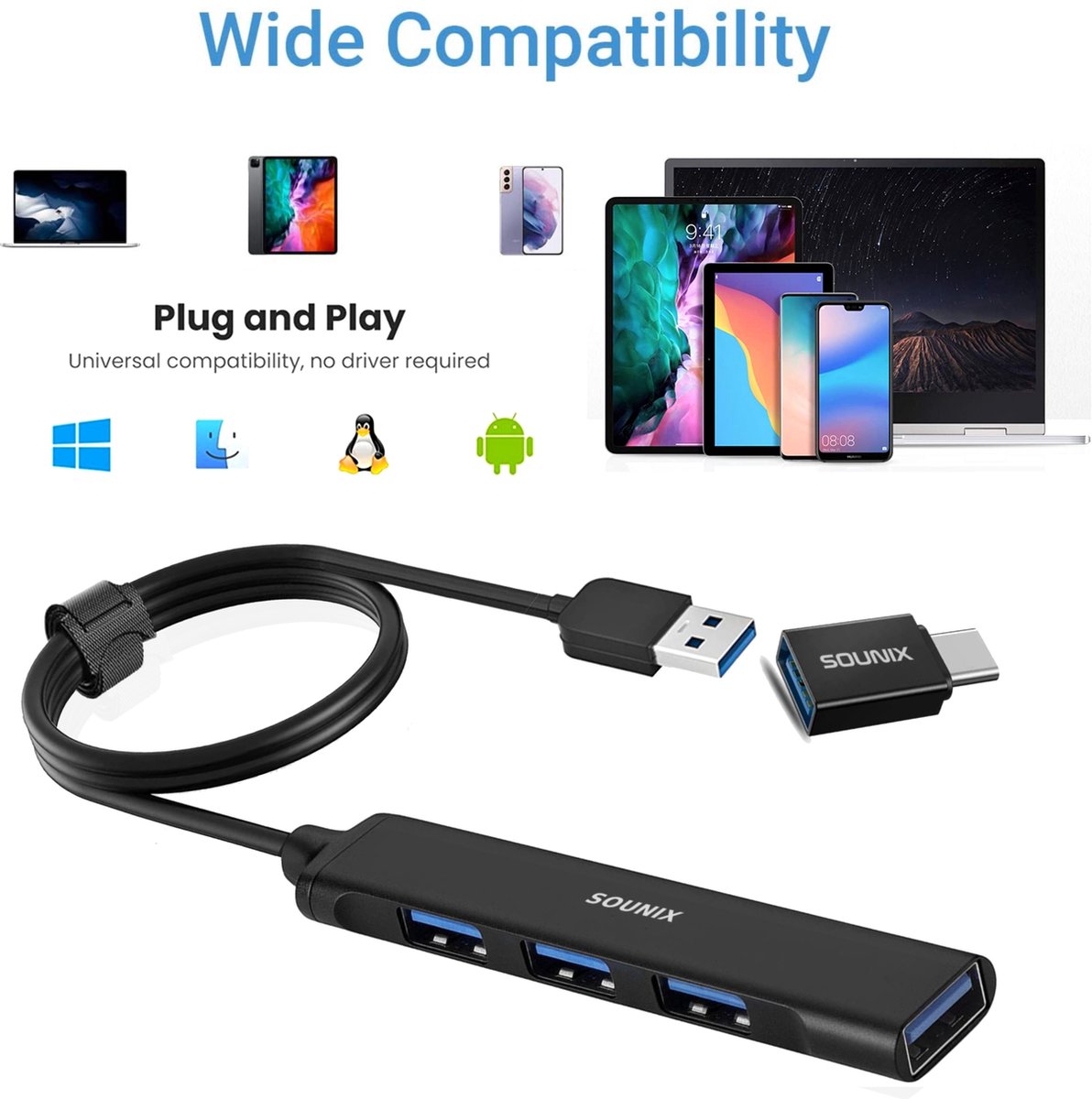 Sounix USB 3.0 Hub - USB C Hub - USB Splitter - Kabel van 30cm - Aluminium  - Zwart -... | bol