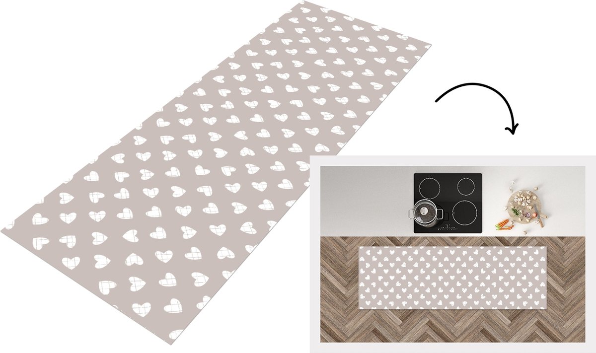 KitchenYeah Keukenloper - Loper keuken - Design - Lijn - Patroon - Hart - Grijs - 180x60 cm - Keukenloper vinyl Multicolor