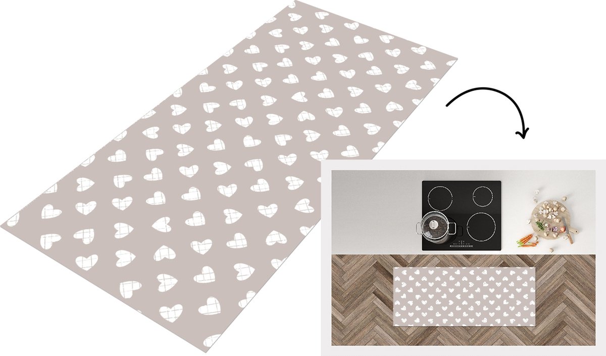 KitchenYeah Keukenloper - Loper keuken - Design - Lijn - Patroon - Hart - Grijs - 120x50 cm - Keukenloper vinyl Multicolor