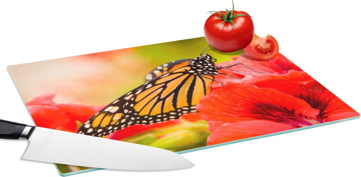 Glazen Snijplank - 39x28 - Bloemen - Vlinders - Monarch - Snijplanken Glas