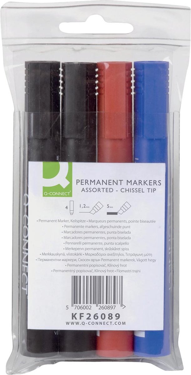 Q-CONNECT permanente marker, 2-5 mm, schuine punt, geassorteerde kleuren, etui van 4 stuks 6 stuks