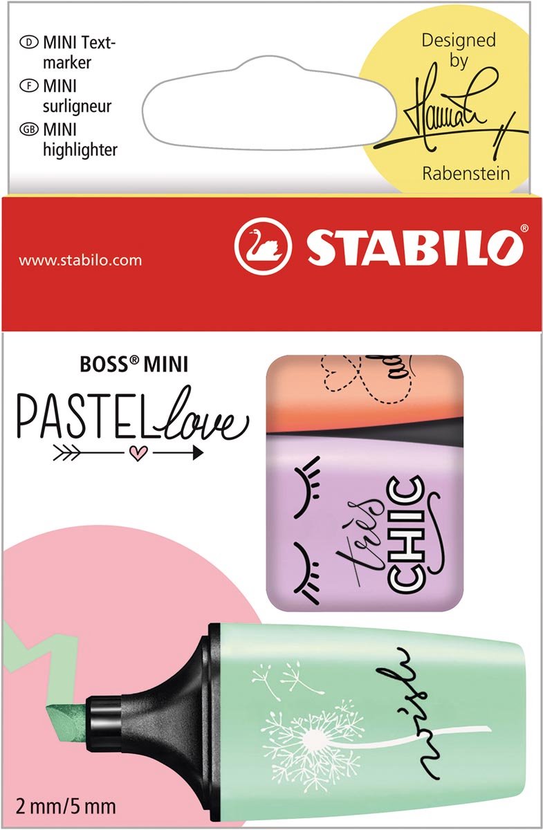 STABILO BOSS MINI Pastellove markeerstift, doosje van 3 stuks in geassorteerde pastelkleuren 10 stuks