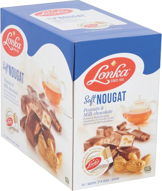 Foto: Lonka soft nougat peanuts milk chocolate snoep voordeel verpakking lekkernij bij koffie en thee 214 per stuk verpakte pinda melk chocolade nougat 2 57 kg snoepgoed