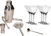 Cocktailshaker set RVS 5-delig inclusief 6x luxe cocktail/martini glazen - 260 ml - 26cl - Zelf cocktails maken