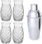 4x Cocktail / Pina Colada glasses 500 ml + Cocktail shaker semi-matte 550 ml stainless steel -  Cocktails maken - Mix/shake bekers