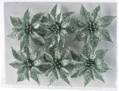 6x Kerstboomversiering mintgroene glitter bloemen op clip - kerstboom decoratie - mintgroen kerstversieringen