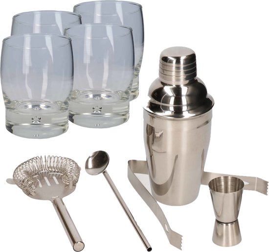 Cocktailshaker set RVS 5-delig inclusief 4x cocktailglazen 350 ml - Zelf cocktails maken