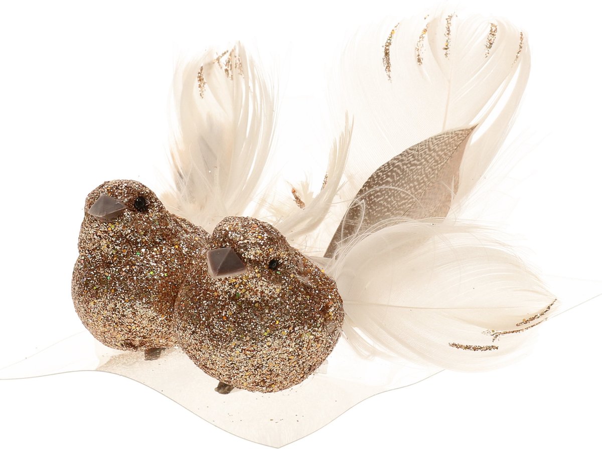 2x stuks decoratie vogels op clip glitter champagne 11 cm - Decoratievogeltjes/kerstboomversiering/bruiloftversiering