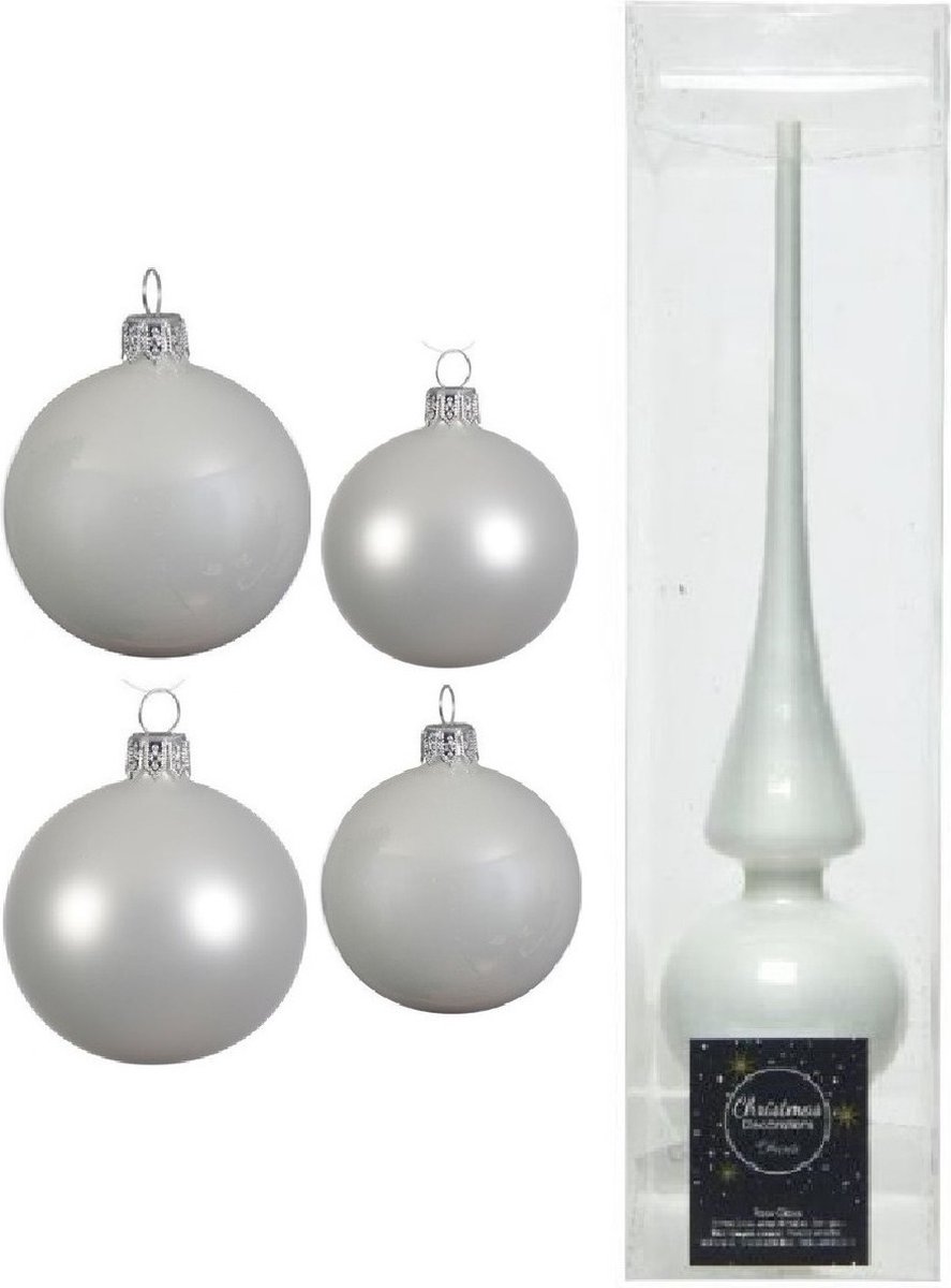 Compleet glazen kerstballen pakket winter wit glans/mat 38x stuks - 18x 4 cm en 20x 6 cm - Inclusief piek glans