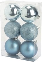 6x boules de Noël en plastique bleu glacier 8 cm mat/brillant/paillettes - Boules de Noël en plastique incassables - Décorations de Noël