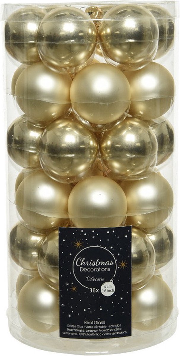 Decoris kerstballen - 36x st - champagne - D4 cm - glas - mat en glans - kerstboomversiering