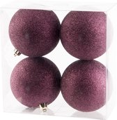 4x stuks kunststof glitter kerstballen aubergine roze 10 cm - Onbreekbare kerstballen - kerstversiering
