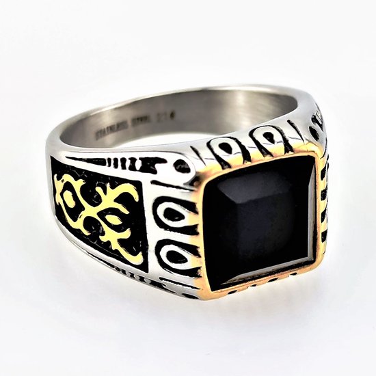 Zegelring Heren - Stalen Goudkleur-Zilverkleur - Ring met Zwarte Onyx Steen