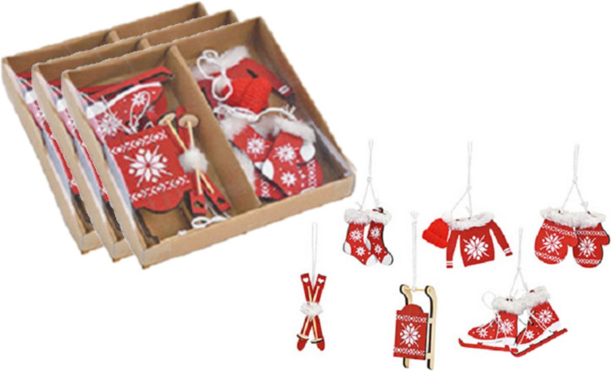 18x stuks houten kersthangers rood/wit wintersport thema kerstboomversiering - Kerstversiering kerstornamenten