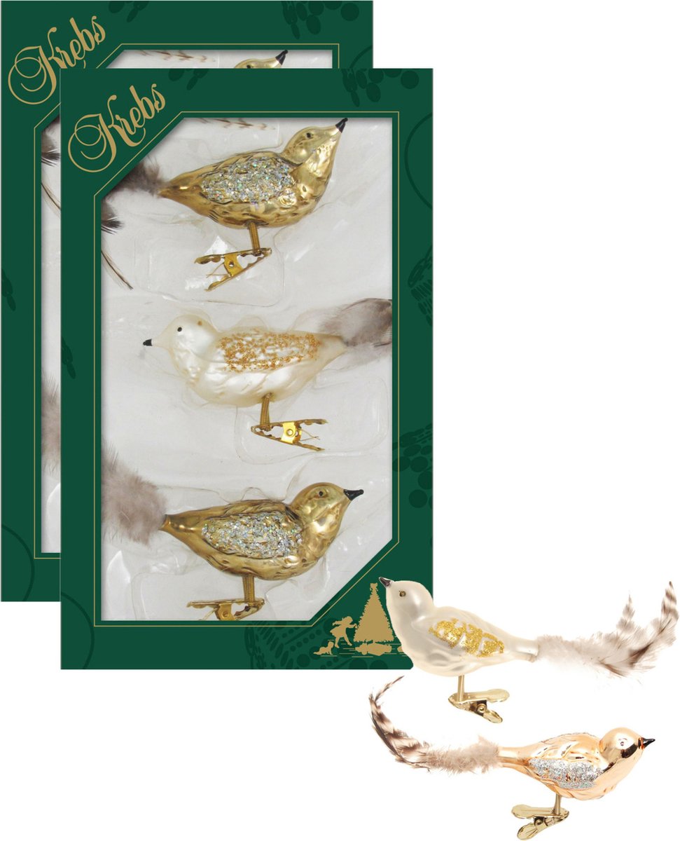 6x stuks luxe glazen decoratie vogels op clip natural velvet 11 cm - Decoratievogeltjes - Kerstboomversiering