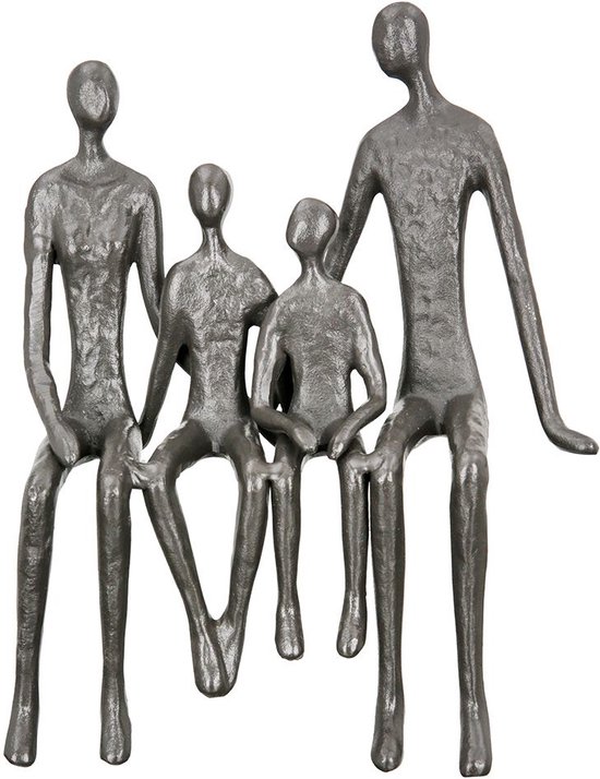 Beeld familie - Ouders en kinderen figuur - Grijs - decoratief beeld - Sculptuur zittende familie - metalen beeld met structuur - hoogte 23 cm