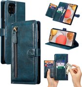 Bookcase Hoesje Geschikt voor: Samsung Galaxy A22 4G met ritssluiting - Flipcover - Magnetisch - 5 kaarten houder - Donkerblauw