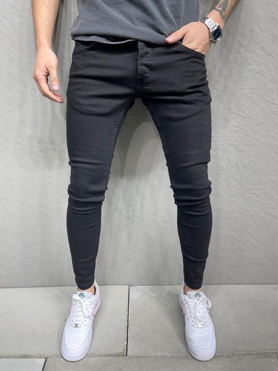 Mannen Stretchy Skinny  Jeans Hole Slim Fit Denim Hoge Kwaliteit Zwarte Jeans - W30