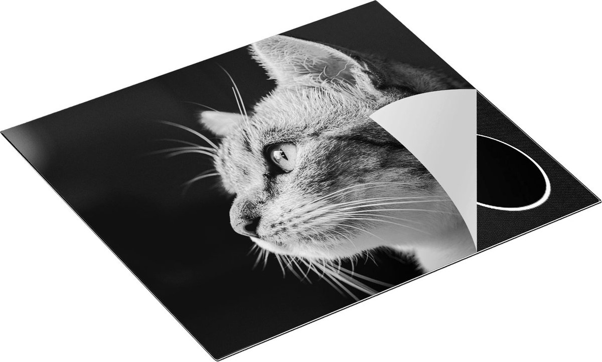Chefcare Inductie Beschermer Kat met Gele Ogen van Dichtbij - Zwart Wit - 59x52 cm - Afdekplaat Inductie - Kookplaat Beschermer - Inductie Mat