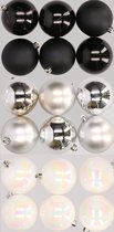 18x stuks kunststof kerstballen mix van zwart, parelmoer wit en zilver 8 cm - Kerstversiering