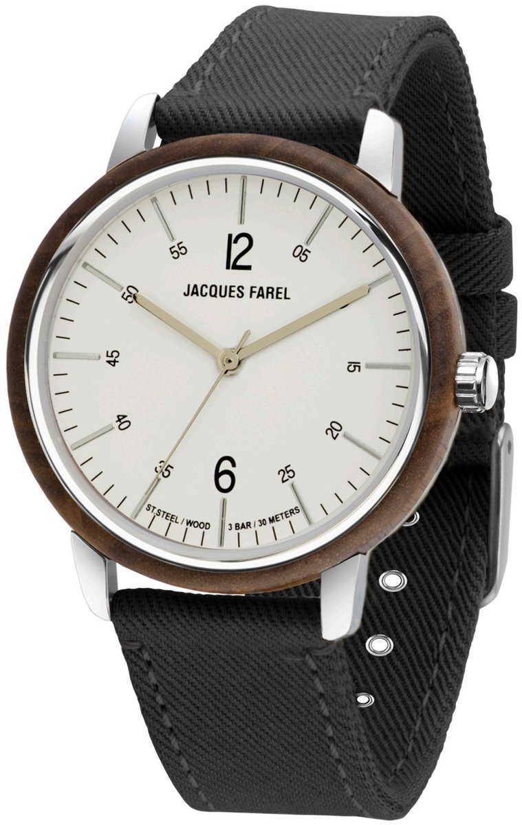JACQUES FAREL hayfield - Horloge Duurzaam - Vegan Horloge - Analoog - Zwart - Unisex - Walnoothout - Verstelbaar bandje 16-21 cm - 3 Bar - ORW 1040