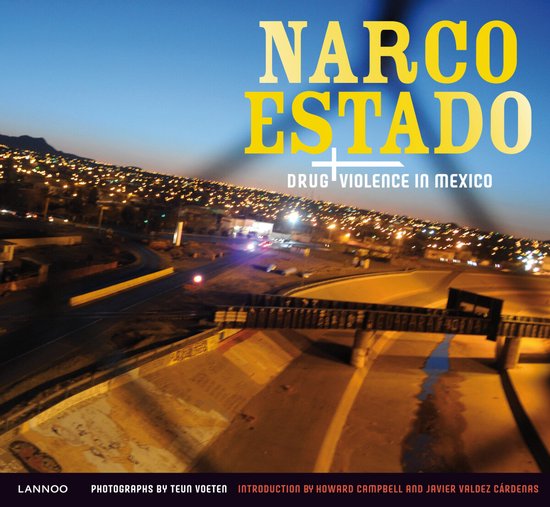 Boekcover met de titel NARCO ESTADO, DRUG VIOLENCE IN MEXICO, op de achtergrond een stadsgezicht bij nacht.