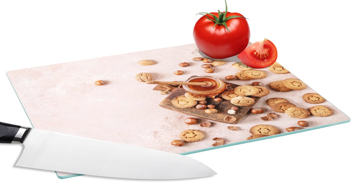 Glazen Snijplank - 28x20 - Koekjes - Honing - Noten - Keuken - Snijplanken Glas