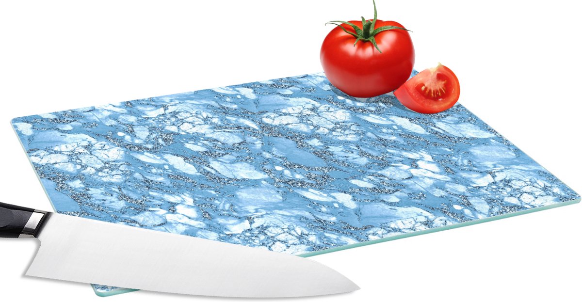 Glazen Snijplank - 28x20 - Marmer - Glitter - Blauw - Snijplanken Glas