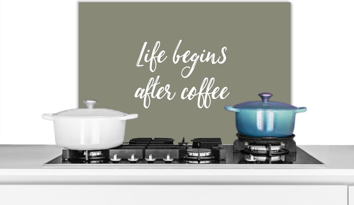 Spatscherm keuken 70x50 cm - Kookplaat achterwand Quotes - Spreuken - Life begins after coffee - Koffie - Muurbeschermer - Spatwand fornuis - Hoogwaardig aluminium