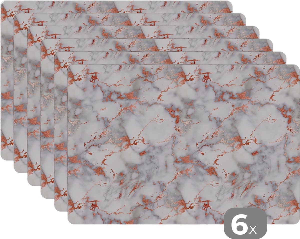 Placemats - Wit - Marmer - Rose goud - Stenen - Onderlegger - 45x30 cm - 6 stuks