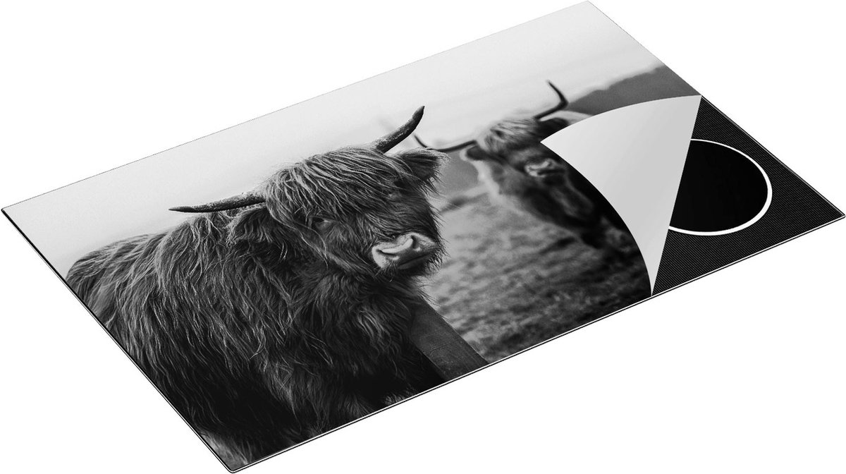 Chefcare Inductie Beschermer Twee Schotse Hooglanders in de Weide - Zwart Wit - 85x52 cm - Afdekplaat Inductie - Kookplaat Beschermer - Inductie Mat