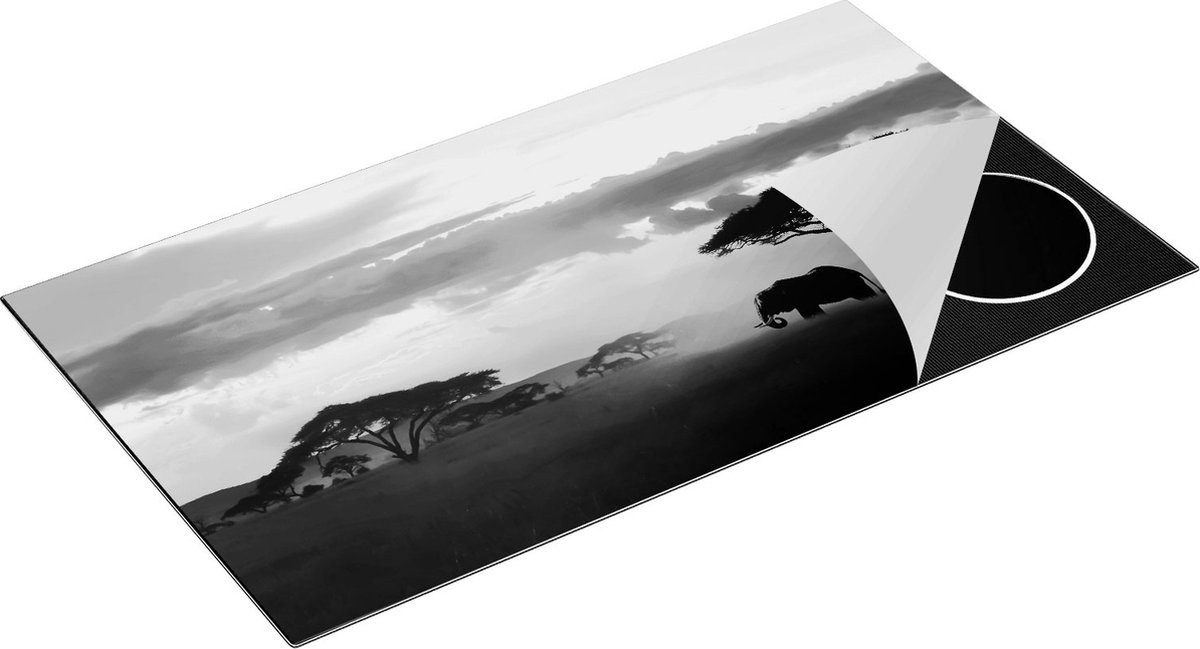 Chefcare Inductie Beschermer Olifant in de Savanne - Zwart Wit - 95x55 cm - Afdekplaat Inductie - Kookplaat Beschermer - Inductie Mat
