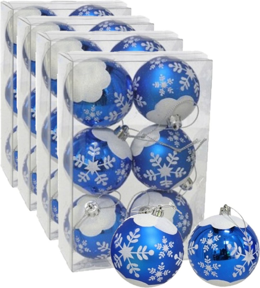 24x stuks gedecoreerde kerstballen blauw kunststof diameter 6 cm - Kerstboom versiering