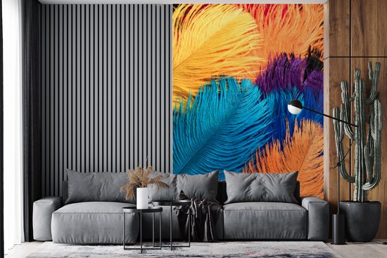 Papier peint photo peint photo vinyle - Structures de plumes colorées largeur 160 cm x hauteur 240 cm - Tirage photo sur papier peint (disponible en 7 tailles)