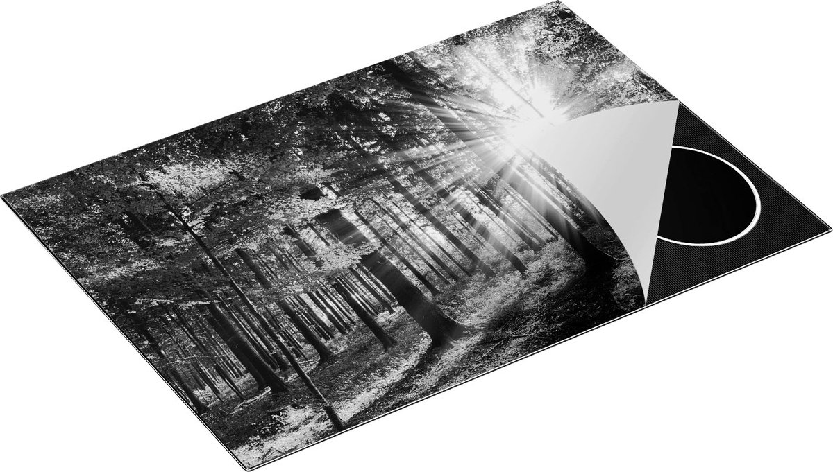 Chefcare Inductie Beschermer Bos met Zon tussen de Bomen - Zwart Wit - 75x50 cm - Afdekplaat Inductie - Kookplaat Beschermer - Inductie Mat