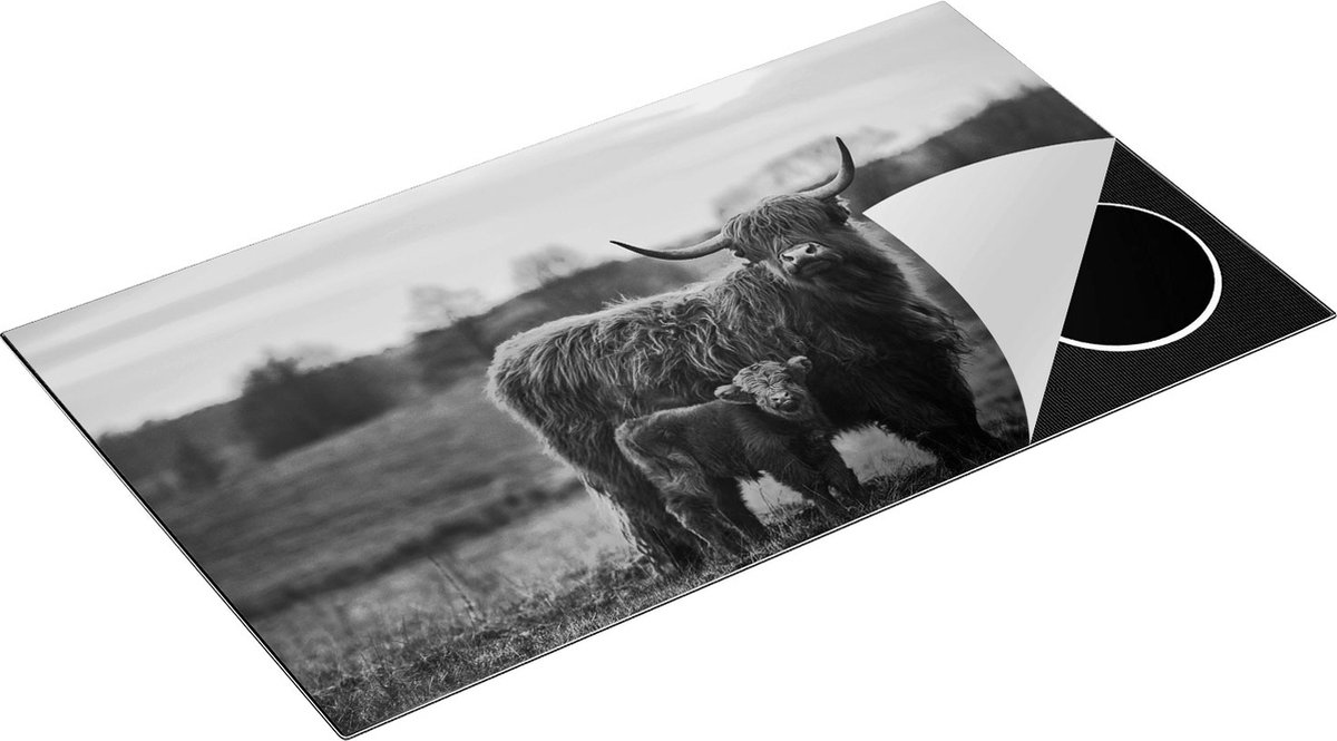 Chefcare Inductie Beschermer Schotse Hooglander Koe met haar Kalf - Zwart Wit - 91,6x52,7 cm - Afdekplaat Inductie - Kookplaat Beschermer - Inductie Mat